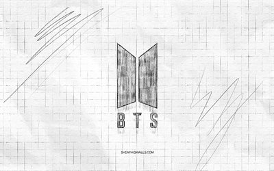 bts sketch logo, 4k, k-pop, fundo de papel quadriculado, bts black logo, banda sul-coreana, esboços de logotipos, bangtan boys, bts logo, desenho a lápis, bts