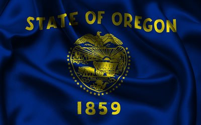 オレゴン州旗, 4k, アメリカの州, サテンフラグ, オレゴン州の旗, オレゴンの日, 波状のサテンの旗, オレゴン州, 米国の州, アメリカ合衆国, オレゴン