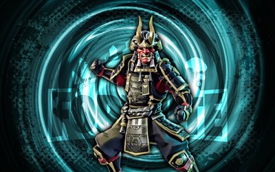 4k, shogun, fortnite, azul grunge espiral de fundo, shogun focus skin, shogun fortnite personagem, shogun fortnite, personagens de fortnite, grunge arte, shogun skin