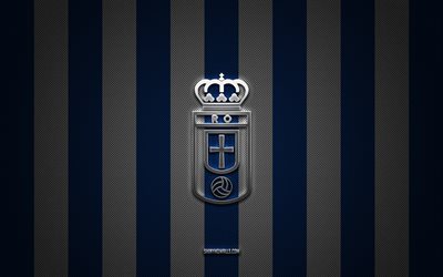 logo du real oviedo, club de football espagnol, segunda, la liga 2, fond bleu carbone blanc, emblème du real oviedo, football, real oviedo, espagne, logo en métal argenté du real oviedo