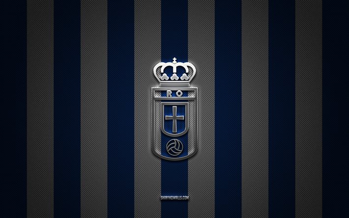 logo del real oviedo, squadra di calcio spagnola, segunda, la liga 2, sfondo bianco blu carbonio, emblema del real oviedo, calcio, real oviedo, spagna, logo in metallo argento del real oviedo
