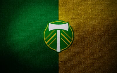 Portland Timbers badge, 4k, green yellow fabric background, MLS, Portland Timbers logo, Portland Timbers emblem, sports logo, Portland Timbers flag, american soccer team, Portland Timbers, soccer, football, Portland Timbers FC