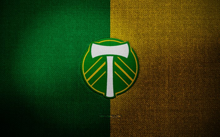 Portland Timbers badge, 4k, green yellow fabric background, MLS, Portland Timbers logo, Portland Timbers emblem, sports logo, Portland Timbers flag, american soccer team, Portland Timbers, soccer, football, Portland Timbers FC