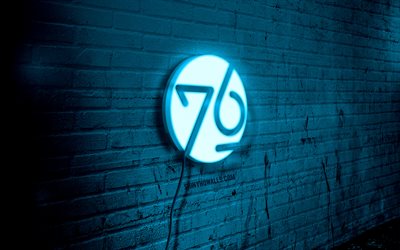 System76 neon logo, 4k, blue brickwall, grunge art, Linux, creative, logo on wire, System76 blue logo, System76 logo, System76 Linux, artwork, System76