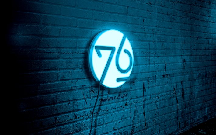system76 neon logo, 4k, mavi brickwall, grunge sanat, linux, yaratıcı, tel üzerinde logo, system76 mavi logo, system76 logo, system76 linux, resimler, system76