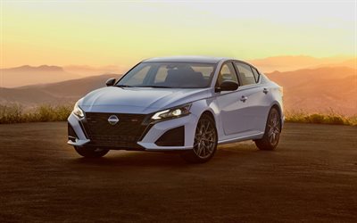 Nissan Altima, 4k, offroad, 2023 cars, sunset, White Nissan Altima, 2023 Nissan Altima, japanese cars, Nissan