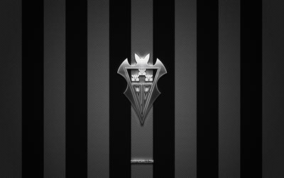 logotipo de albacete balompie, club de fútbol español, segunda, la liga 2, fondo de carbono blanco negro, emblema de albacete balompie, fútbol, albacete balompie, españa, logotipo de metal plateado de albacete balompie