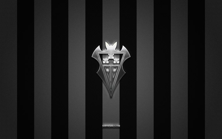 albacete balompie logo, ispanyol futbol kulübü, segunda, la liga 2, siyah beyaz karbon arka plan, albacete balompie amblemi, futbol, albacete balompie, ispanya, albacete balompie gümüş metal logo