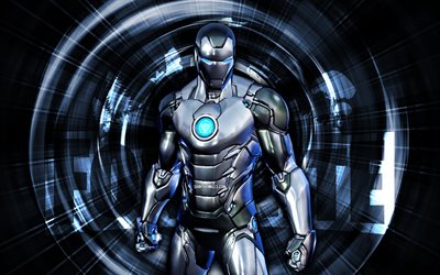 Silver Foil Iron Man, 4k, blue abstract background, Fortnite, abstract rays, Silver Foil Iron Man Skin, Fortnite Silver Foil Iron Man Skin, Fortnite characters, Silver Foil Iron Man Fortnite