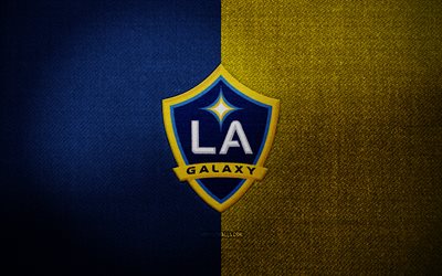 Los Angeles Galaxy badge, 4k, blue yellow fabric background, MLS, Los Angeles Galaxy logo, Los Angeles Galaxy emblem, sports logo, Los Angeles Galaxy flag, american soccer team, Los Angeles Galaxy, soccer, football, Los Angeles Galaxy FC, LA Galaxy