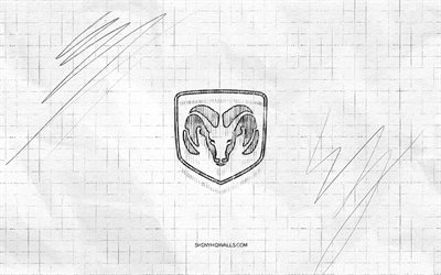Dodge sketch logo, 4K, checkered paper background, Dodge black logo, cars brands, logo sketches, Dodge logo, pencil drawing, Dodge