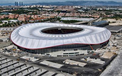 metropolitano stadium, 4k, vue aérienne, atletico madrid stadium, madrid, espagne, extérieur, stade de football, atletico madrid