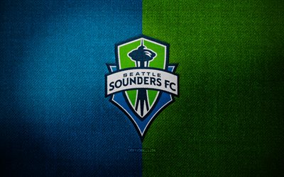 Seattle Sounders badge, 4k, blue green fabric background, MLS, Seattle Sounders logo, Seattle Sounders emblem, sports logo, Seattle Sounders flag, american soccer team, Seattle Sounders, soccer, football, Seattle Sounders FC