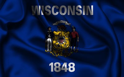 Wisconsin flag, 4K, american states, satin flags, flag of Wisconsin, Day of Wisconsin, wavy satin flags, State of Wisconsin, US States, USA, Wisconsin