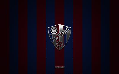 SD Huesca logo, Spanish football club, Segunda, La Liga 2, blue cheerful carbon background, SD Huesca emblem, football, SD Huesca, Spain, SD Huesca silver metal logo