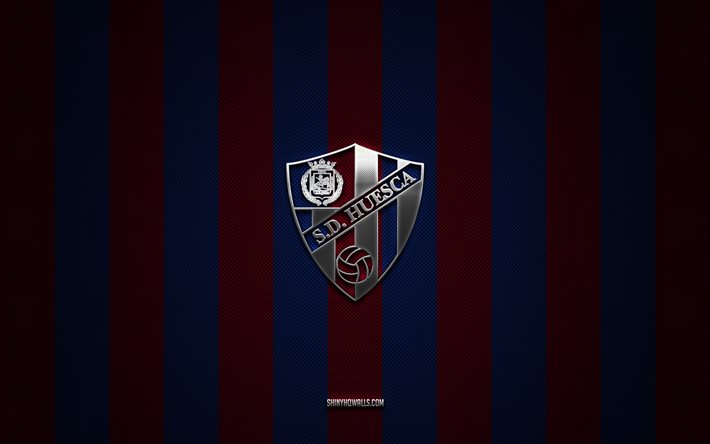 SD Huesca logo, Spanish football club, Segunda, La Liga 2, blue cheerful carbon background, SD Huesca emblem, football, SD Huesca, Spain, SD Huesca silver metal logo