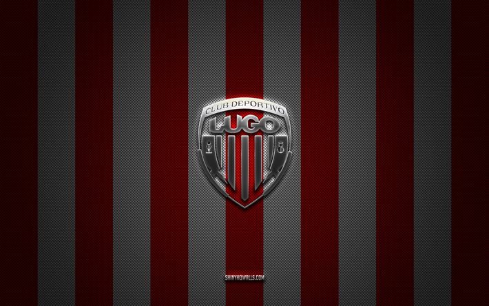 CD Lugo logo, Spanish football club, Segunda, La Liga 2, red white carbon background, CD Lugo emblem, football, CD Lugo, Spain, CD Lugo silver metal logo