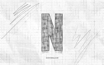 netflixスケッチロゴ, 4k, 市松模様の紙の背景, netflixブラックロゴ, ブランド, ロゴスケッチ, netflixロゴ, 鉛筆の描画, netflix