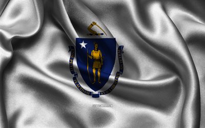 Massachusetts flag, 4K, american states, satin flags, flag of Massachusetts, Day of Massachusetts, wavy satin flags, State of Massachusetts, US States, USA, Massachusetts