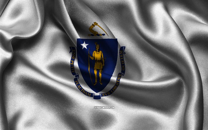 Massachusetts flag, 4K, american states, satin flags, flag of Massachusetts, Day of Massachusetts, wavy satin flags, State of Massachusetts, US States, USA, Massachusetts