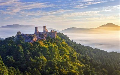 castelo altdahn, 4k, ruínas, burg altdahn, montanhas, floresta palatinada, marcos alemãos, manhã, wasgau, alemanha, europa, bela natureza