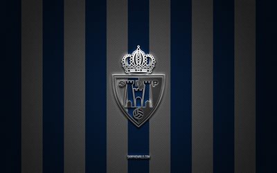 SD Ponferradina logo, Spanish football club, Segunda, La Liga 2, blue white carbon background, SD Ponferradina emblem, football, SD Ponferradina, Spain, SD Ponferradina silver metal logo