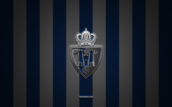 sd ponferradina logosu, ispanyol futbol kulübü, segunda, la liga 2, mavi beyaz karbon arka plan, sd ponferradina amblemi, futbol, ​​sd ponferradina, ispanya, sd ponferradina gümüş metal logo