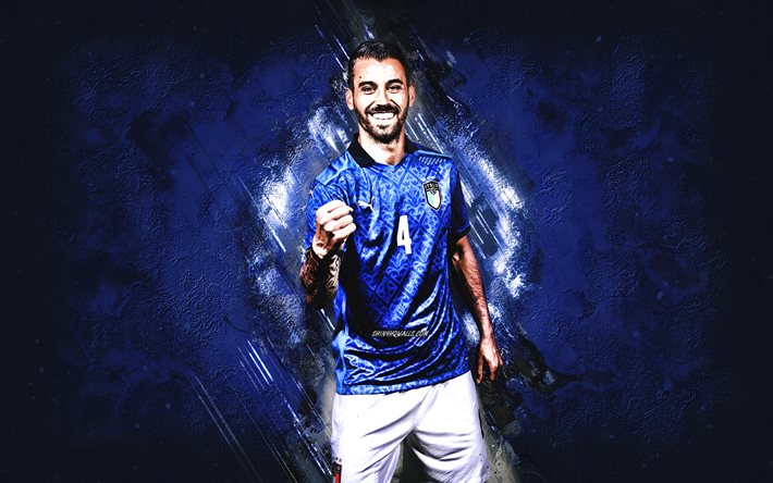 leonardo spinazzola, time de futebol nacional da itália, jogador de futebol italiano, retrato, fundo azul de pedra, itália, futebol