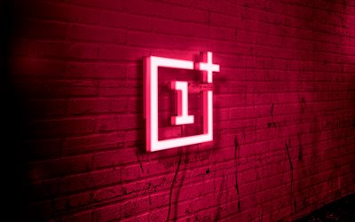 OnePlus neon logo, 4k, purple brickwall, grunge art, creative, logo on wire, OnePlus purple logo, OnePlus logo, artwork, OnePlus