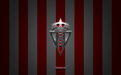 スポーツデジジョンロゴ, スペインのフットボールクラブ, セグンダ, la liga 2, 赤い白い炭素の背景, スポーツデジジョンエンブレム, フットボール, スポーツ・デ・ジジョン, スペイン, sporting de gijon silver metal logo