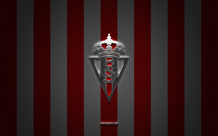 Sporting de Gijon logo, Spanish football club, Segunda, La Liga 2, red white carbon background, Sporting de Gijon emblem, football, Sporting de Gijon, Spain, Sporting de Gijon silver metal logo