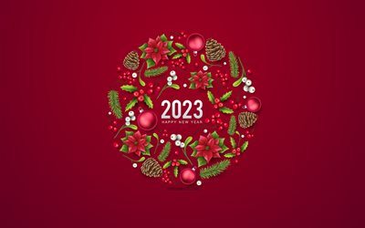 felice anno nuovo 2023, 4k, sfondo di natale rosso, ghirlanda natalizia, 2023 concetti, 2023 felice anno nuovo, 2023 natale, 2023 cartolina di auguri, 2023 redfeet