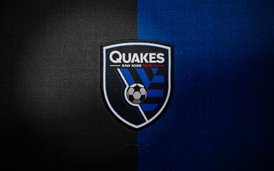 San Jose Earthquakes badge, 4k, black blue fabric background, MLS, San Jose Earthquakes logo, San Jose Earthquakes emblem, San Jose Earthquakes flag, San Jose Earthquakes, soccer, San Jose Earthquakes FC