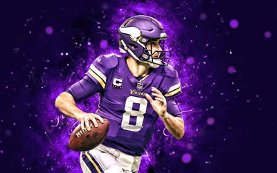 Kirk Cousins, 4k, violet neon lights, Minnesota Vikings, NFL, american football, Tom Brady 4K, violet abstract background, Kirk Cousins Minnesota Vikings