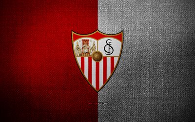 Sevilla FC badge, 4k, red white fabric background, LaLiga, Sevilla FC logo, Sevilla FC emblem, sports logo, Sevilla FC flag, spanish football club, Sevilla, soccer, football, Sevilla FC