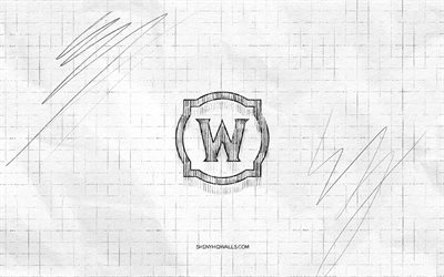 월드 오브 워크래프트 스케치 로고, 4k, 와, 체크 무늬 종이 배경, 월드 오브 워크래프트 블랙 로고, 게임 브랜드, 로고 스케치, 월드 오브 워크래프트 로고, 와우 로고, 연필 드로잉, 월드 오브 워크래프트