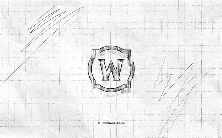 World of Warcraft sketch logo, 4K, WoW, checkered paper background, World of Warcraft black logo, games brands, logo sketches, World of Warcraft logo, WoW logo, pencil drawing, World of Warcraft