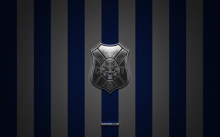 logotipo de cd tenerife, clube de futebol espanhol, segunda, la liga 2, fundo de carbono branco azul, emblema de tenerife, futebol, tenerife, espanha, cd tenerife silver metal logotipo