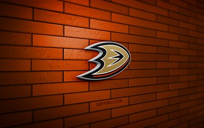 Anaheim Ducks 3D logo, 4K, orange brickwall, NHL, hockey, Anaheim Ducks logo, american hockey team, sports logo, Anaheim Ducks