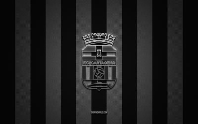 fc carthagène sad logo, spanish football club, segunda, la liga 2, black white carbon background, fc carthagène sad emblem, football, fc cartagena sad, espagne, fc carthagène sad silver metal logo