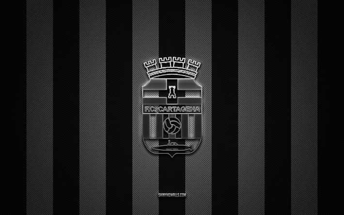 FC Cartagena SAD logo, Spanish football club, Segunda, La Liga 2, black white carbon background, FC Cartagena SAD emblem, football, FC Cartagena SAD, Spain, FC Cartagena SAD silver metal logo