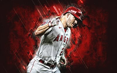 Mike Trout, Los Angeles Angels, MLB, American baseball player, Major League Baseball, red stone background, baseball, USA