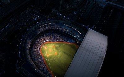 Rogers Centre, night, aerial view, baseball field, baseball stadium, SkyDome, Toronto Blue Jays Stadium, Toronto, Ontario, Canada, Major League Baseball, Toronto Blue Jays, baseball