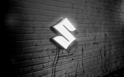 suzuki neon logo, 4k, black brickwall, grunge sanat, yaratıcı, otomobil markaları, logo on wire, suzuki beyaz logosu, suzuki logosu, sanat, suzuki