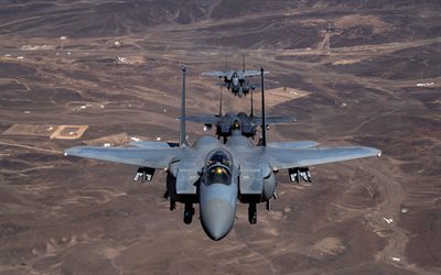 mcdonnell douglas f-15e strike eagle, força aérea dos eua, fighters americanos, f-15, aeronaves de combate, f-15 top view, f-15 no céu