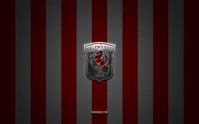 fc twente logo, clube de futebol holandês, eredivisie, fundo de carbono branco vermelho, emblema do twente fc, futebol, fc twente, holanda, fc twente silver metal logotipo
