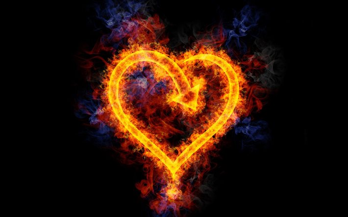 coração ardente, 4k, coração de fogo, conceitos de amor, chamas de fogo, obras de arte, coração flamejante, criativo, armações cardíacas