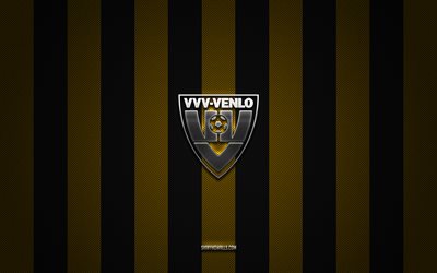 vvv venlo logo, club di calcio olandese, eredivisie, background di carbonio nero giallo, emblema vvv venlo, calcio, vvv venlo, paesi bassi, vvv venlo silver metal logo