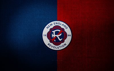 new england revolution badge, 4k, blue red fabric hintergrund, mls, new england revolution logo, new england revolution emblem, sportlogo, new england revolution flag, fußball, new england revolution fc