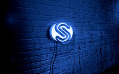 logotipo de neon de safira, 4k, parede de tijolos azuis, arte grunge, criativo, logotipo em arame, logotipo azul de safira, logotipo da safira, obra de arte, safira